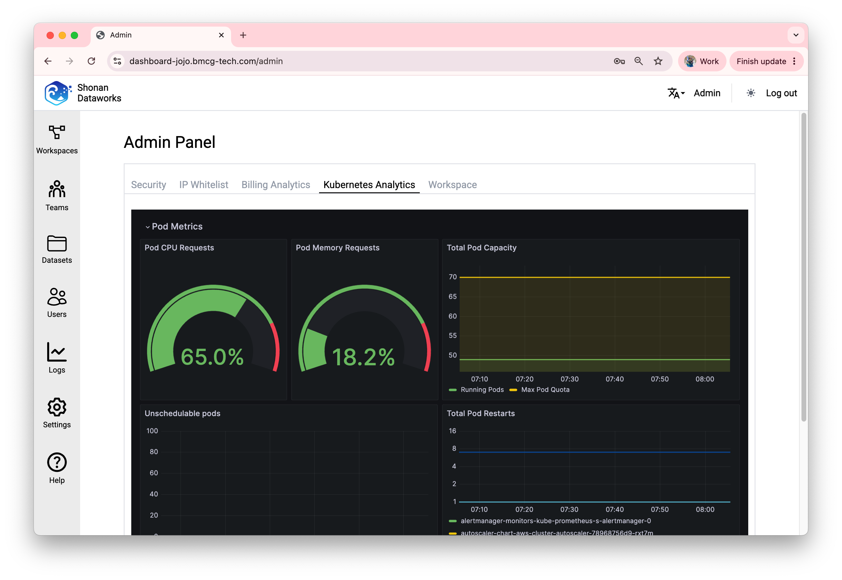 Kubernetes analytics dashboard showing pod metrics and capacity
